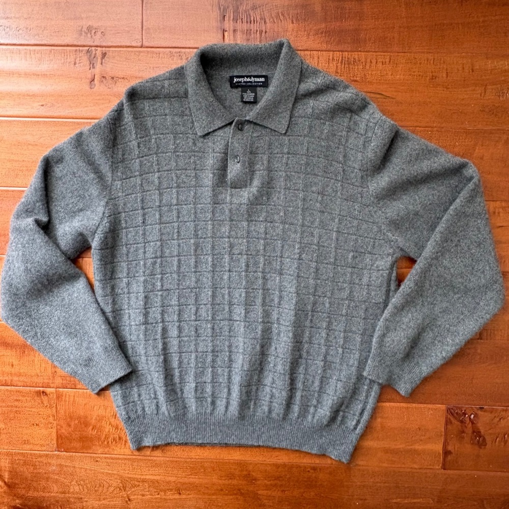 Joseph & Lyman 100% Pure Cashmere Grid Texture Polo Sweater Mens L Gray Preppy